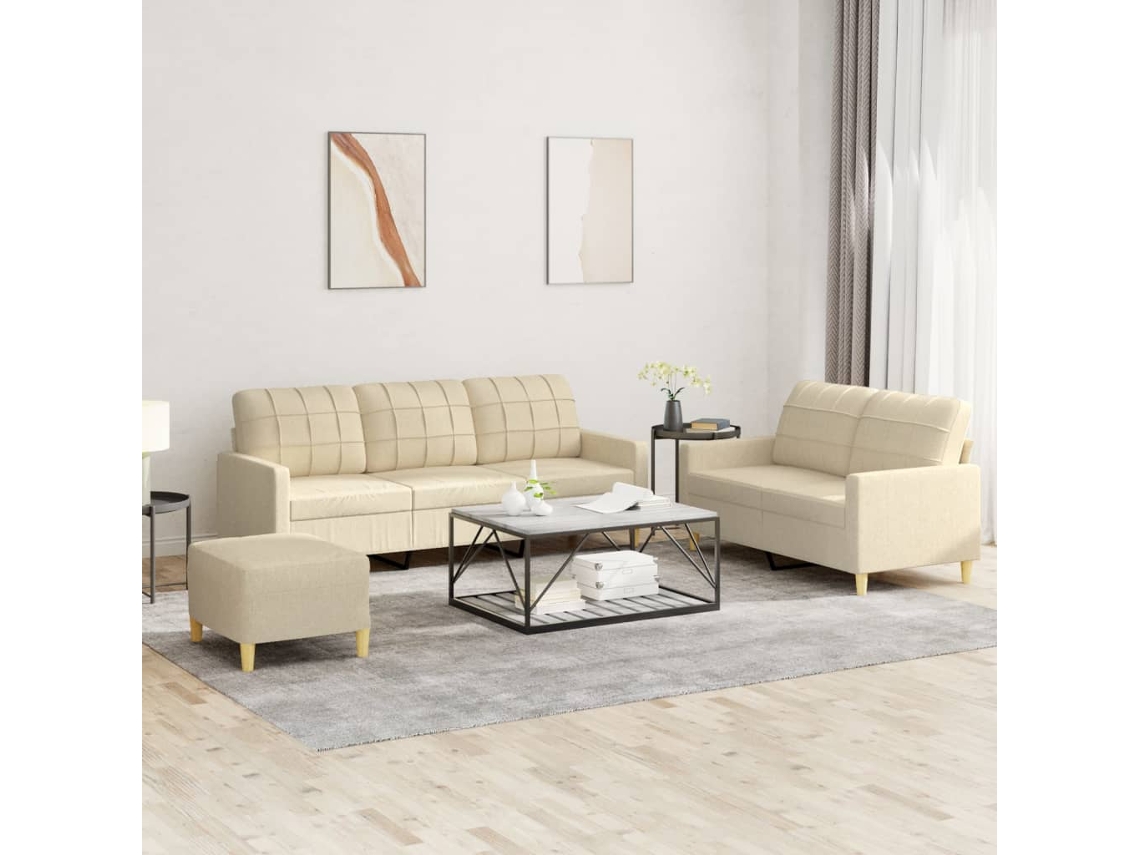 Vidaxl 3 Pcs Conjunto De Sofás Com Almofadões Tecido Cor Creme