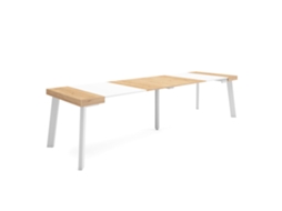 Mesa Consola Extensível, 302x90x73cm, Para 14 Pessoas, Pés De Madeira, Carvalho E Branco