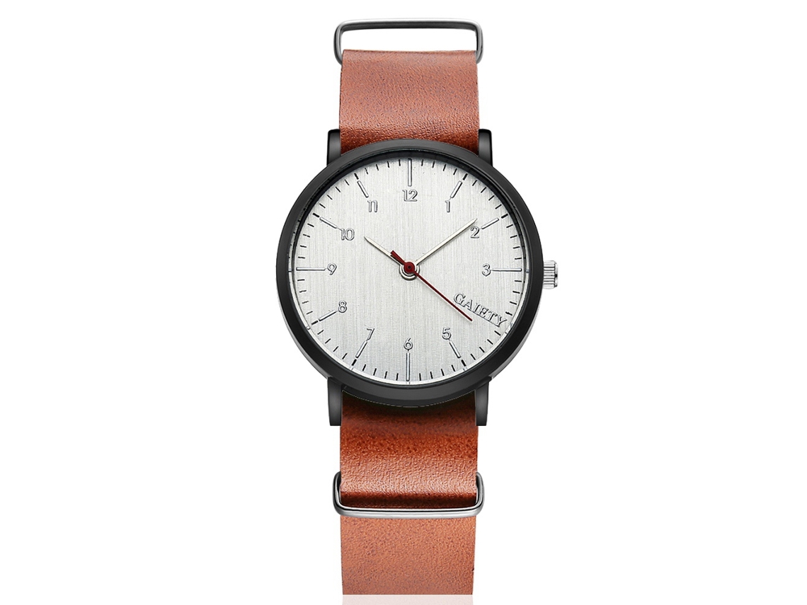 Relógio de pulso masculino, estilo simples, mostrador redondo, pulseira de PU, quartzo, marrom claro Gaiety