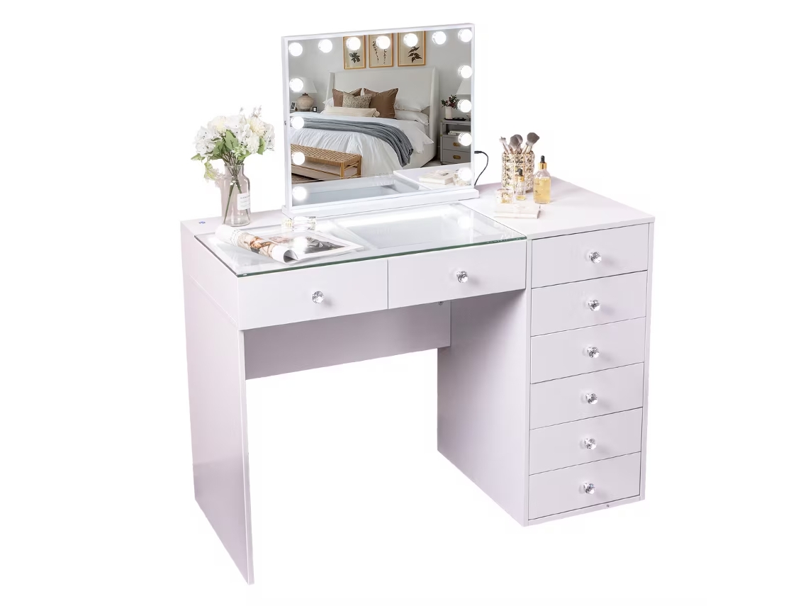 Toucador Penteadeira com Espelho Luz Led 8 Gavetas Branco 120x55x129 cm FENCHILIN