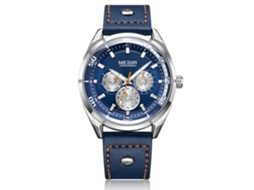 Relógio masculino casual de couro, analógico, quartzo, com calendário e pulseira azul.
