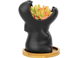 Vaso De Cerâmica Preto Mini 12.8x9.5cm Forma De Hipopótamo Para Suculentas Aloe Vera Com Base De Bambu