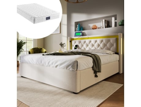 Cama Estofada Led Cama De Casal Cama Box Com Função De Carregamento Usb Tipo C Cabeceira, Camas Box Estrutura De Cama Feita De Algodão Cama Juvenil 1