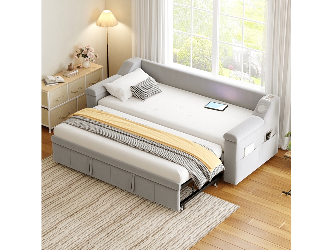 Sofá-cama 90/180x190 Veludo Cinza Bluetooth Usb Arrumação