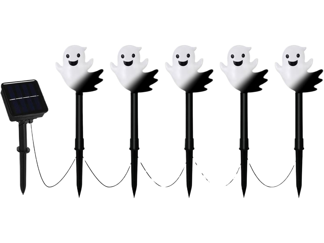 Conjunto de 5 estacas iluminadas de Halloween com luzes de fantasma alimentadas por energia solar Decora Es Prova D Guide para entrada VAYOTOY