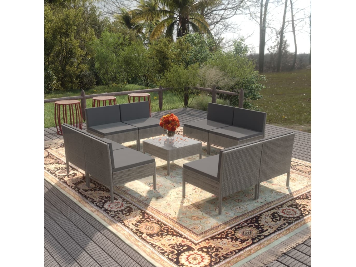 Conjunto 9 Peças Lounge De Jardim C/ Almofadões Vime Pe Cinza Dkd Home Decor