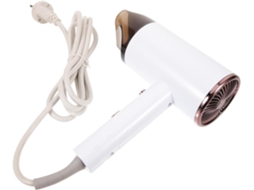 Secador de cabelo elétrico portátil e leve com difusor bucal e suporte.