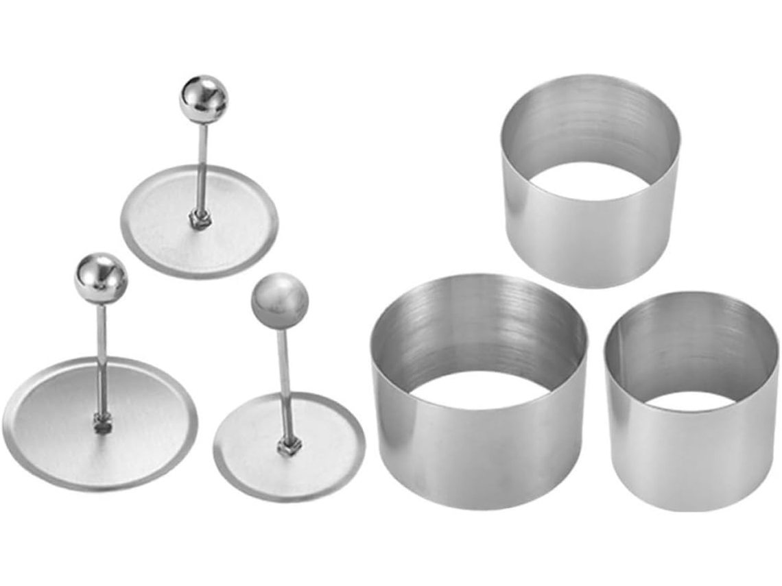Conjunto de 3 formas redondas de aço inoxidável para assar com prensa para facilitar o preparo.