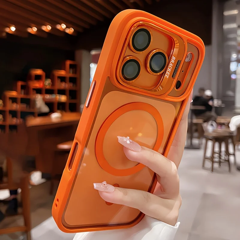 Capa Magnética Transparente Para Iphone 16 Plus (laranja), Com Suporte Em Acrílico E Lente De Vidro.