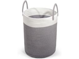 Cesto De Roupa De Algodão - Com Alça - Trançado - Grande - Para Quarto Infantil (cinza & Branco, D 38 X A 50 Cm)