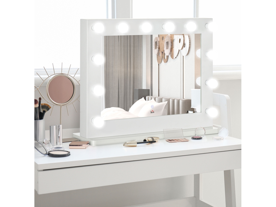 Espelho de maquiagem estilo Hollywood com 12 LEDs, brilho ajustável, função de memória, estrutura metálica, MDF e vidro branco | S/BRAND