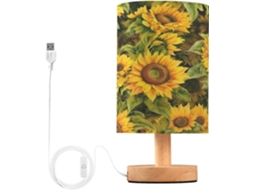 Luminária De Cabeceira Led Em Formato Girassol Para Quarto, Luminária De Leitura Com Cúpula Tecido, Base De Madeira E