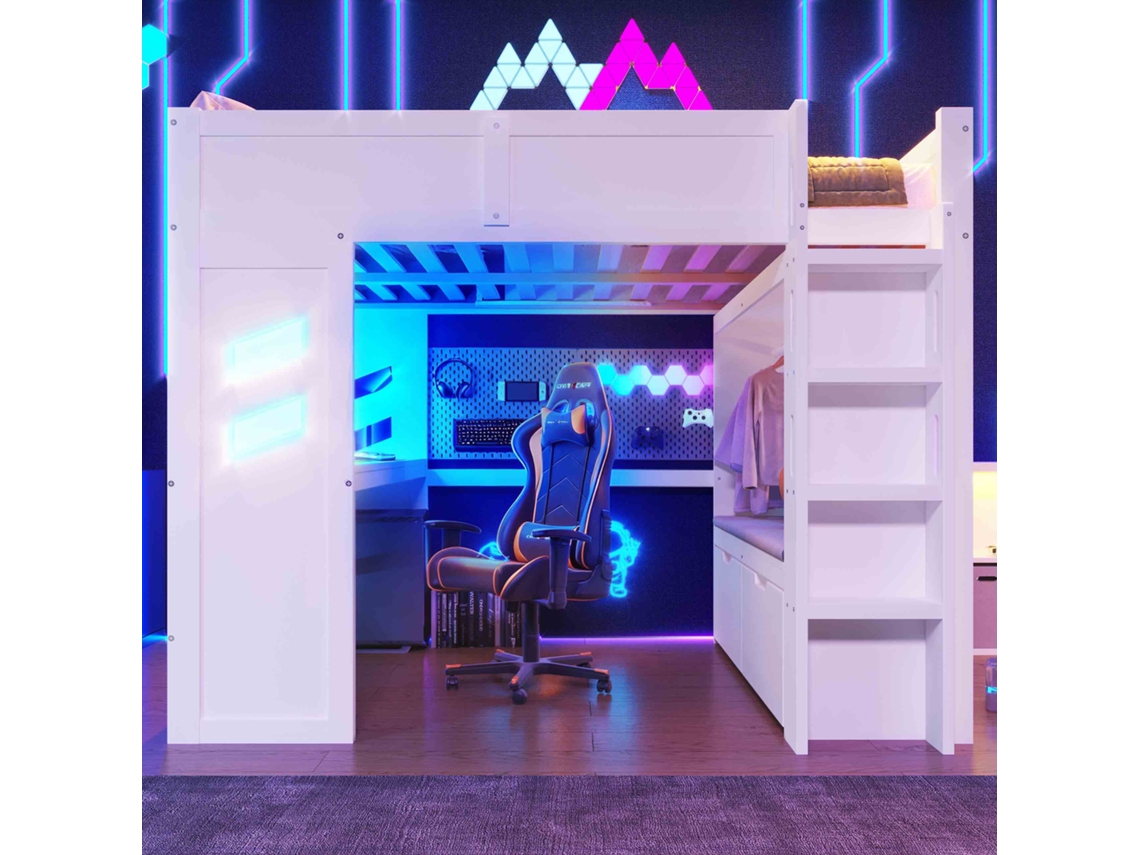 Cama Alta para Jogos 140x200 Cm com Escrivaninha, Led, Usb, Type c, Gavetas, Branca VSOGA