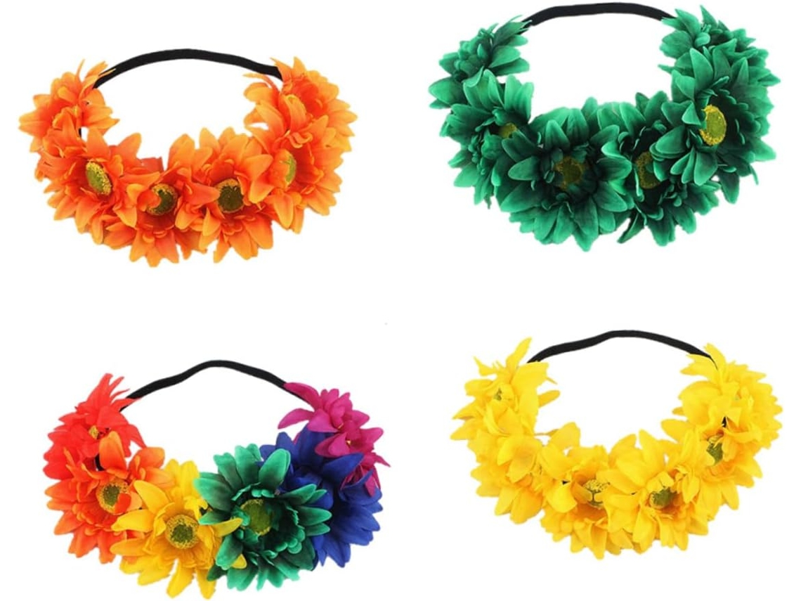 Tiara De Flores Havaianas De 4 Peças, Acessórios De Praia Coloridos Em Couro Sintético Com Girassóis