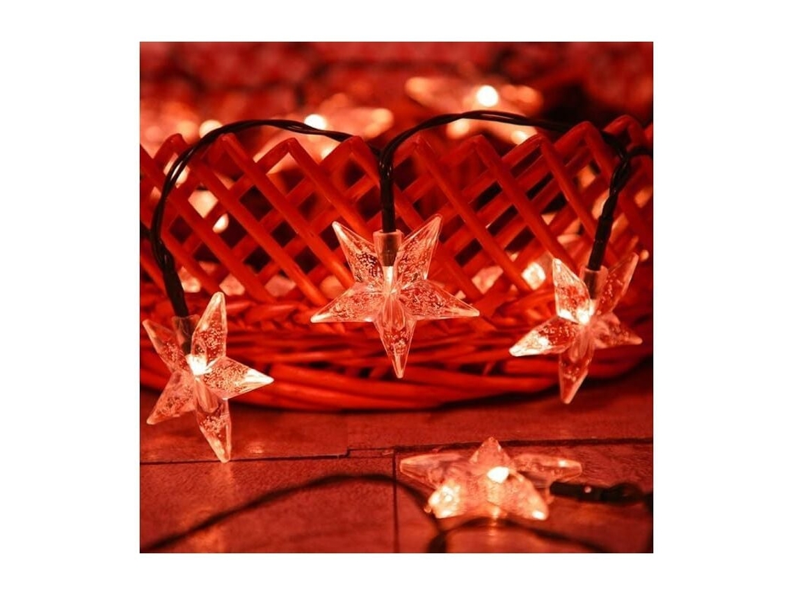 Cordão de Luzes Solares, em Formato de Estrela, 30 Leds, 6m, Cor Vermelho, À Prova D'água, para Áreas Externas AQUAFORGE