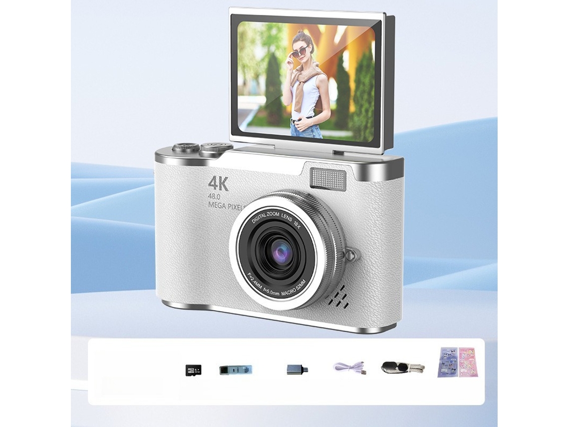 Câmara 4k 48mp para Iniciantes,ecrã Flip 180°, Autofoco, 8x Zoom, 32gb Cartão Branco HEXINYIGJLY