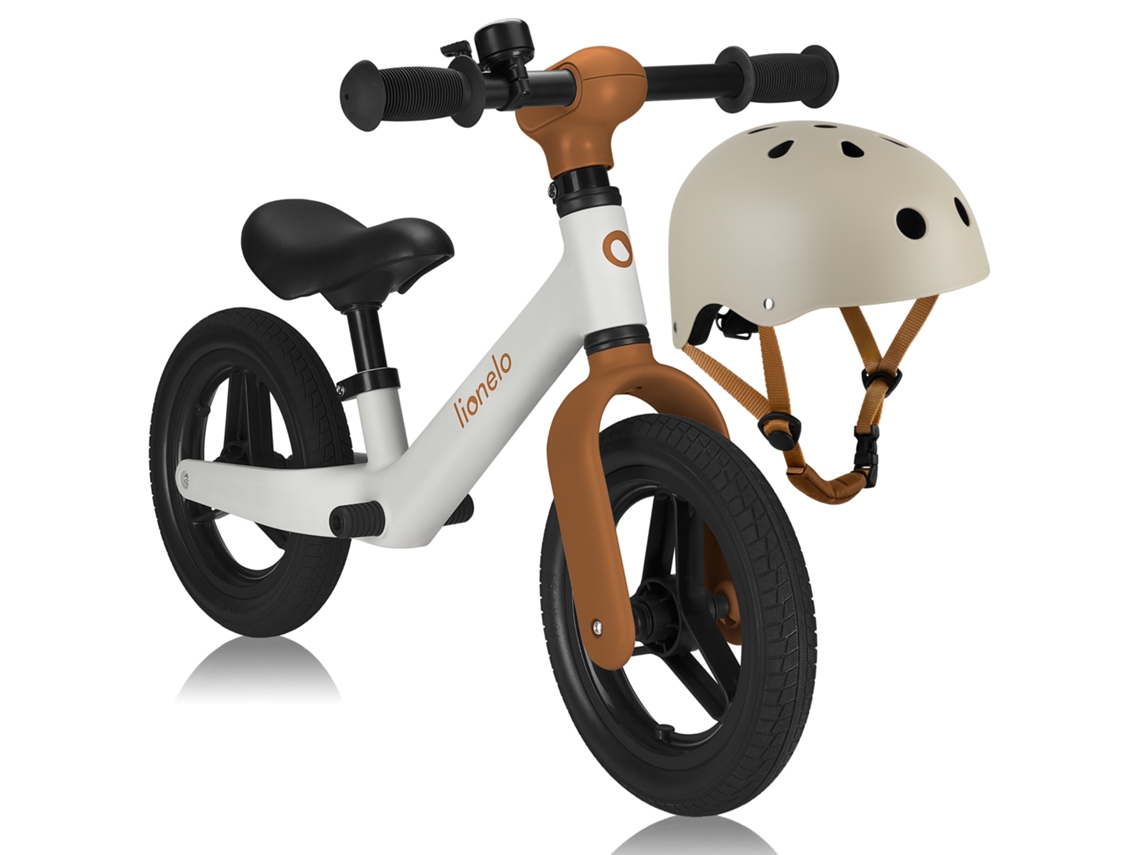 Bicicleta de Equilíbrio LIONELO Toni Ajustável Leve Apoio para os Pés Até 30kg Assento Confortável Abec 7 com Capacete Bege