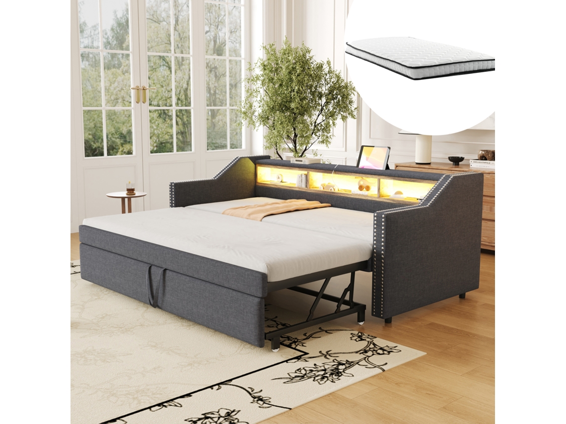 Cama Acolchoada Expansivel Multiuso Com Iluminacao Led, Porta Usb E Tomadas Eletricas Cor Cinza Escuro 180 X 190 Cm
