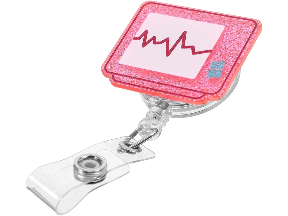 Suporte para crachá em acrílico rosa com clipe retrátil, prático para acesso a cartões de identificação e soluções de digitalização.
