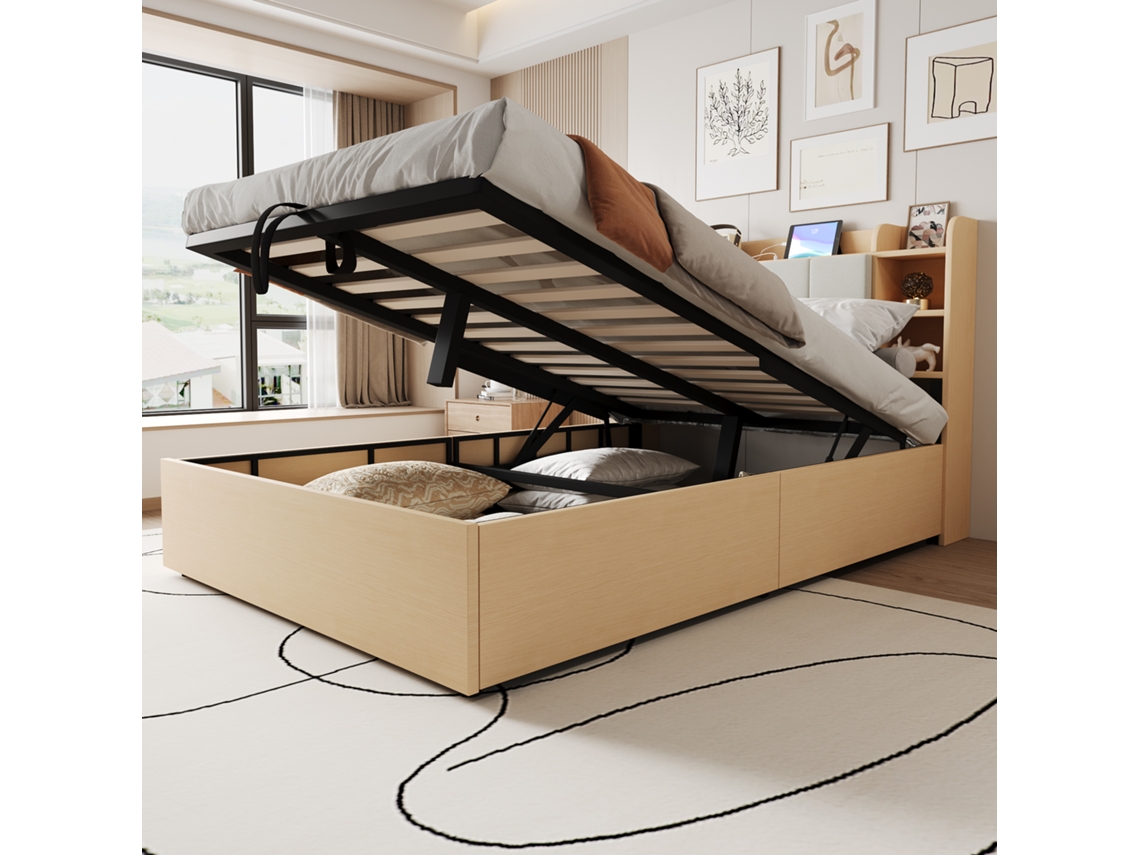 Cama Madeira 140x200 Elevação Cabeceira Arrumação Usb-c