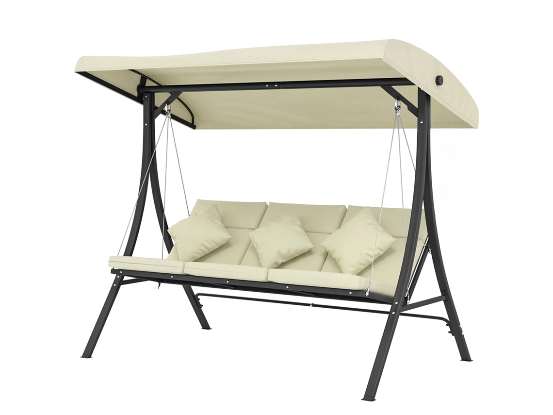 Baloiço de jardim 3 lugares com dossel ajustável, estrutura de aço, 202x115x168cm bege | S/MARCA