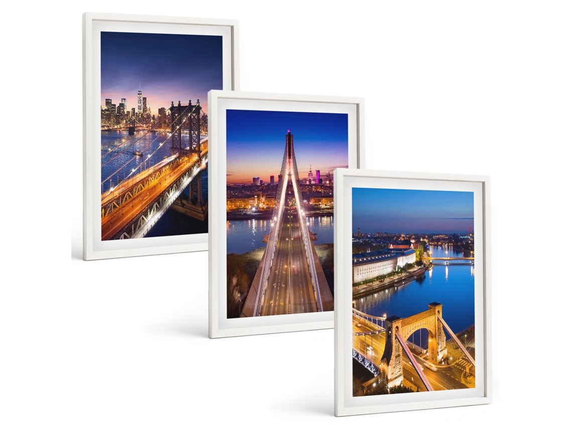 Galeria De Pinturas Murais Cidades À Noite, Pontes, Rios Moldura Branca Fotos Para O Escritório Espelharte (3 Piezas De 40x60 Cm)