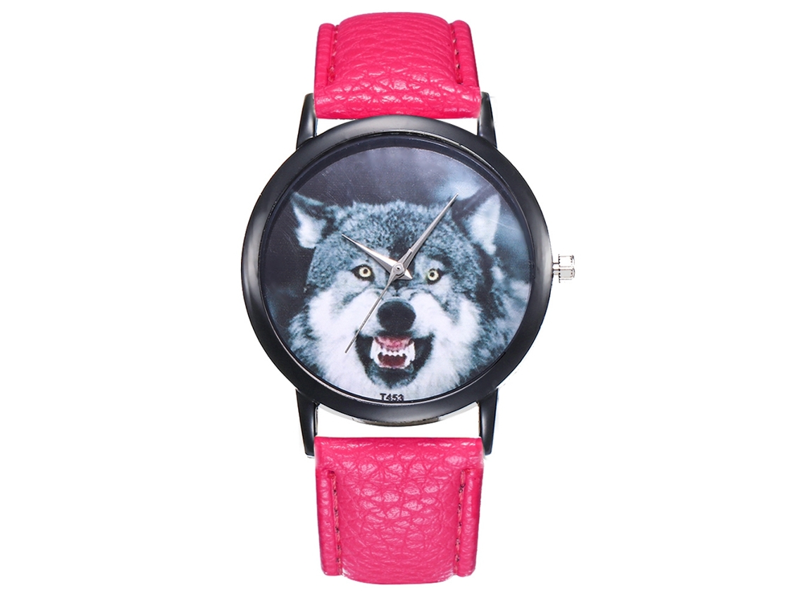 Relógio masculino ultrafino com mostrador em formato de cabeça de animal, pulseira de couro PU, movimento de quartzo, nas cores vermelho e rosa.