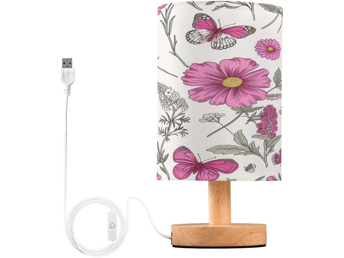 Abajur De Cabeceira Em Formato Flor E Borboleta Para Ambiente, Com Porta Porta USB C, Luminária De Mesa