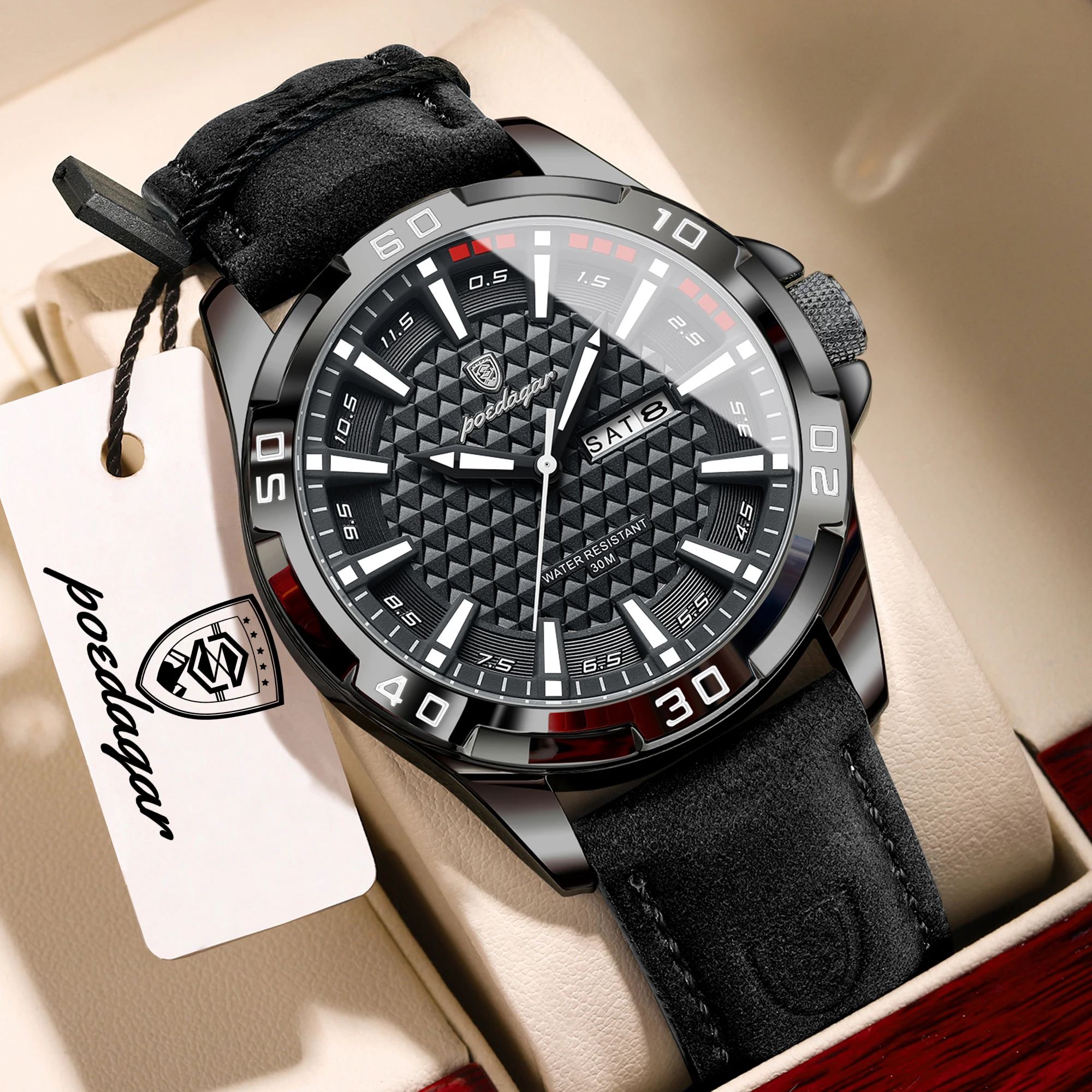 Relógio Masculino À Prova D'água Com Data E Hora Luminosas, Estilo Casual, Quartzo, Pulseira De Couro E Design Luxuoso (preto E Branco).