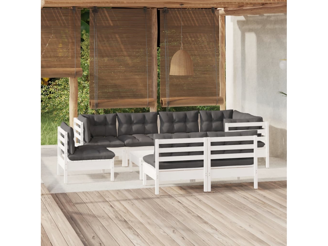 Vidaxl 9 Pcs Conj. Lounge De Jardim C/ Almofadões Pinho Maciço Branco