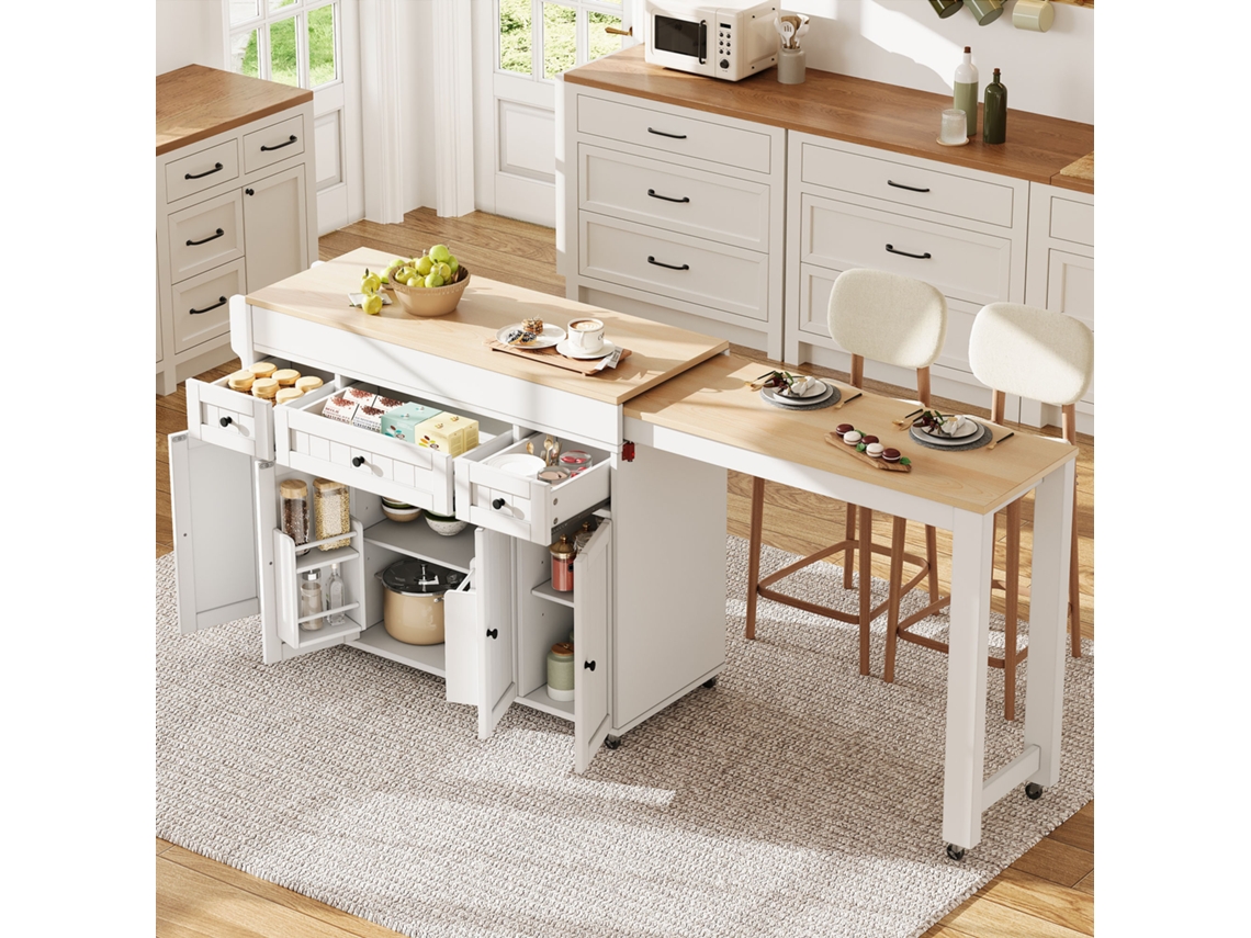 Ilha Central Com Gavetas E Rodas Em Mdf Branco E Natural
