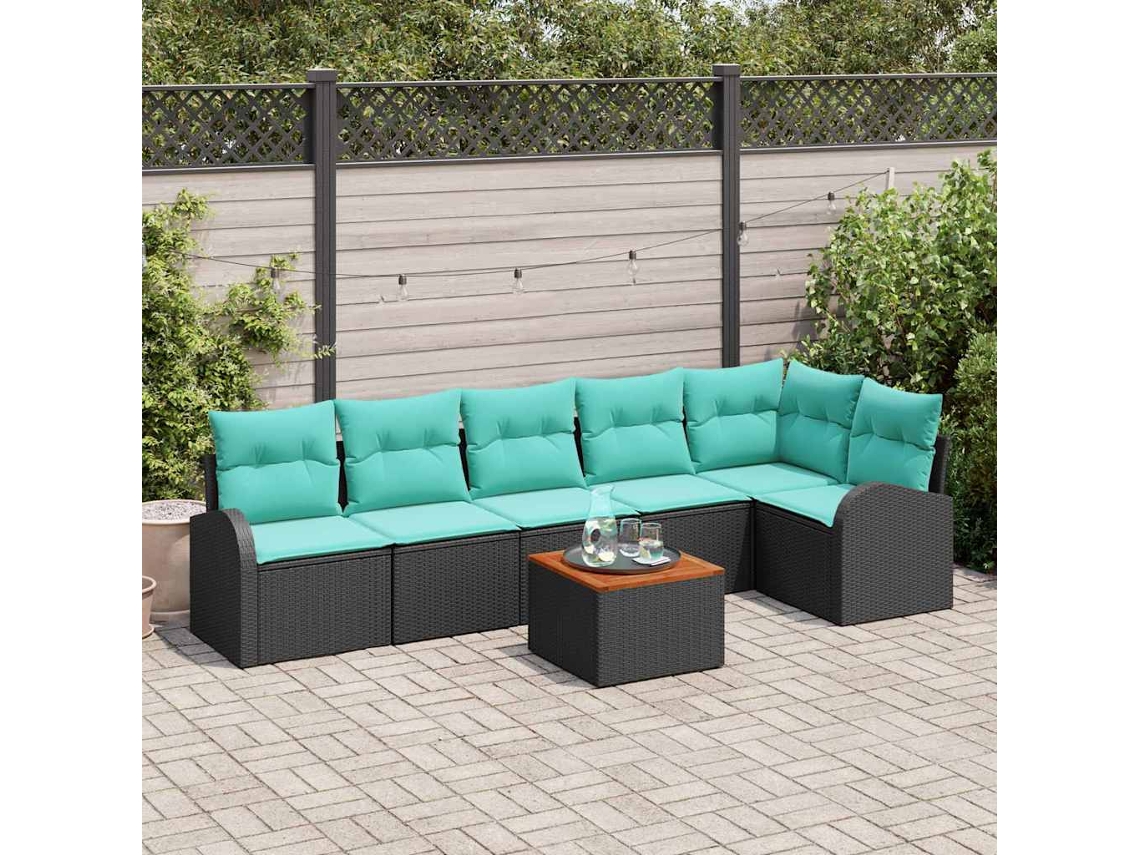 Vidaxl Conjunto De Sofá De Jardim 7 Unid. Preto E Turquesa Vime Pe