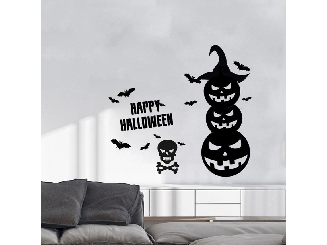 Linjou Halloween Janela Stickers, Pretty Skeleton Aboboras Morcegos Pequenos Adesivos Preto