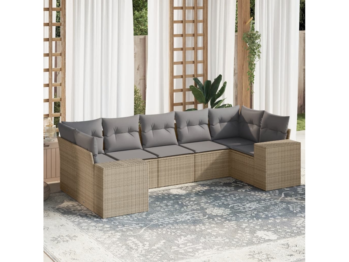Vidaxl 7 Pcs Conjunto De Sofás P/ Jardim Com Almofadões Vime Pe Bege