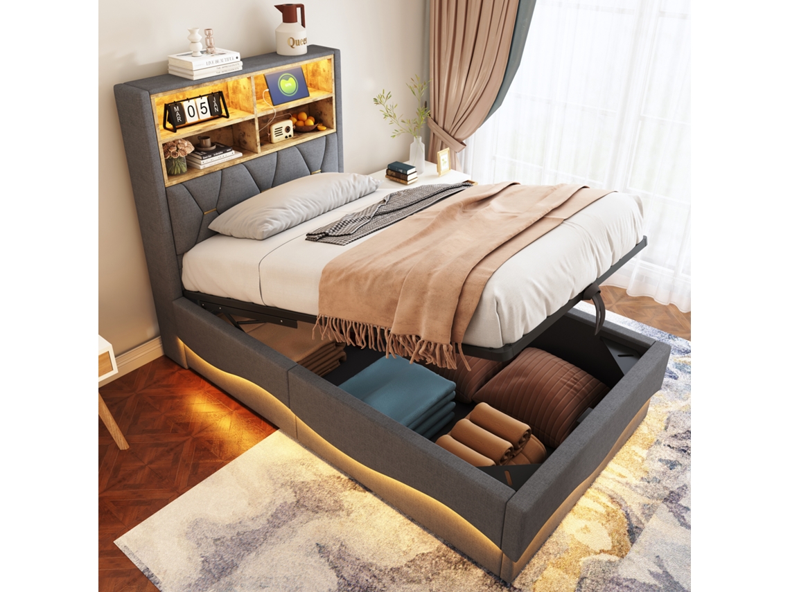 Lit enfant 90x200 cm avec coffre hydraulique, bande led contrôlée par application, usb, gris VSOGA