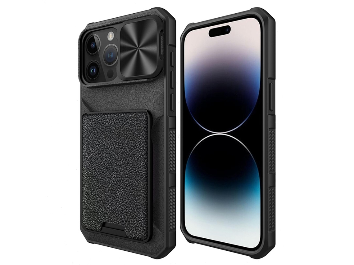 Capa Para Iphone 14 Pro Max Pele Sintética Magnética Com Porta-cartões Preto