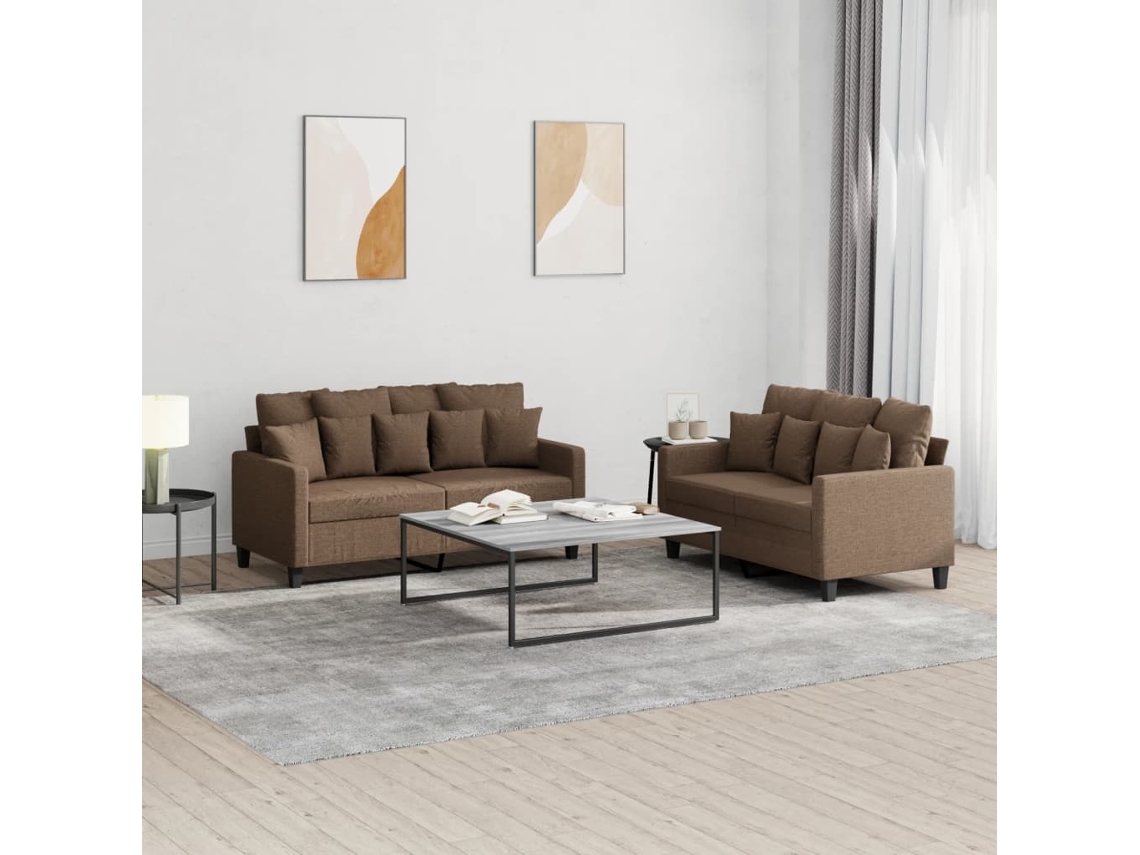 Vidaxl 2 Pcs Conjunto De Sofás Com Almofadões Tecido Castanho