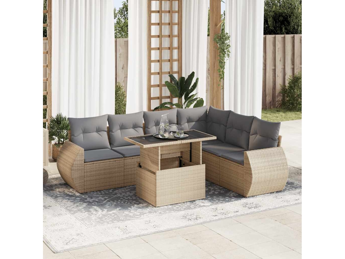 Vidaxl 7 Pcs Conjunto De Sofás P/ Jardim Com Almofadões Vime Pe Bege
