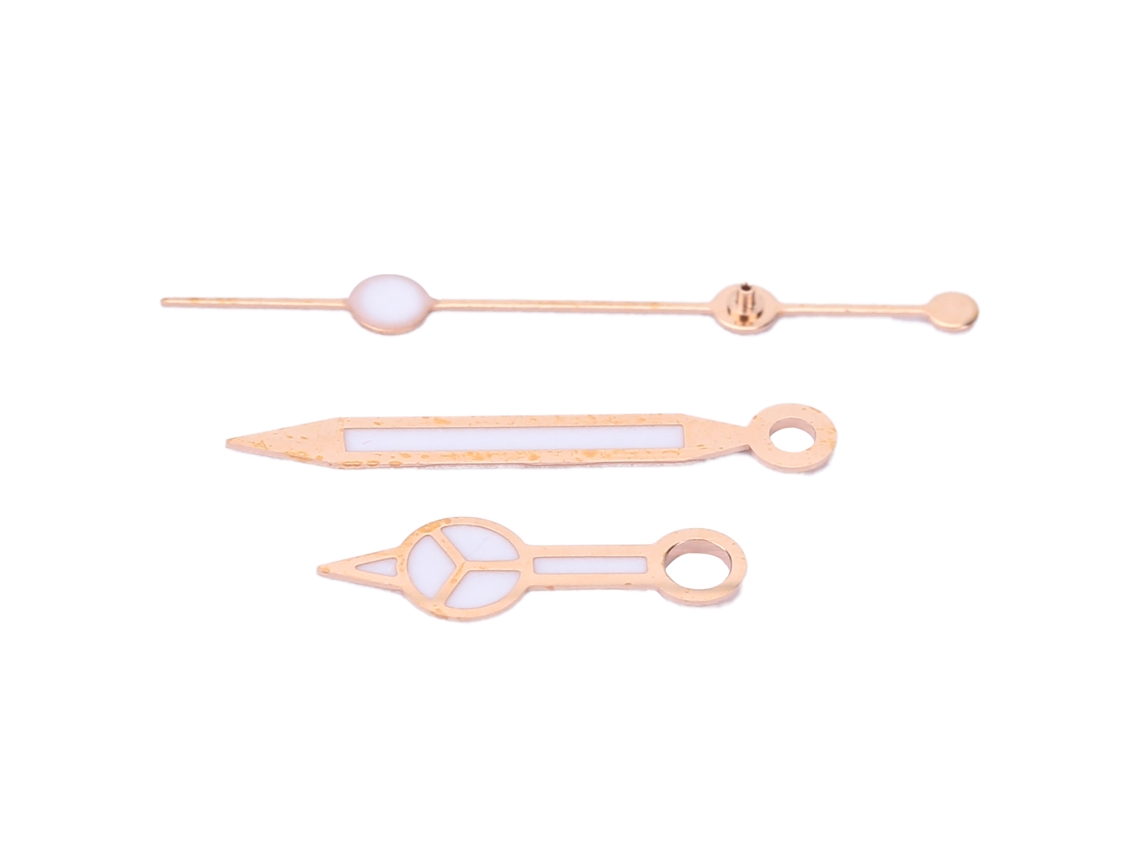 Conjunto de ponteiros de relógio em liga metálica para reparo, cor ouro rosa, horas, minutos e segundos.