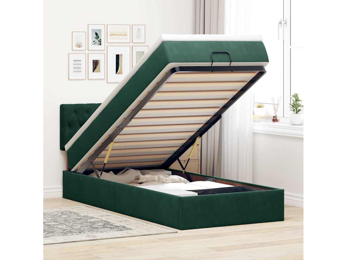 Estrutura De Cama Otomana Vidaxl Com Colchão Verde Escuro Veludo