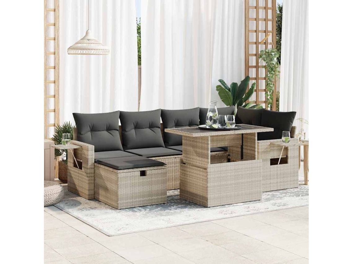 Vidaxl 7 Pcs Conj. Sofás Jardim Com Almofadões Vime Pe Cinzento-claro