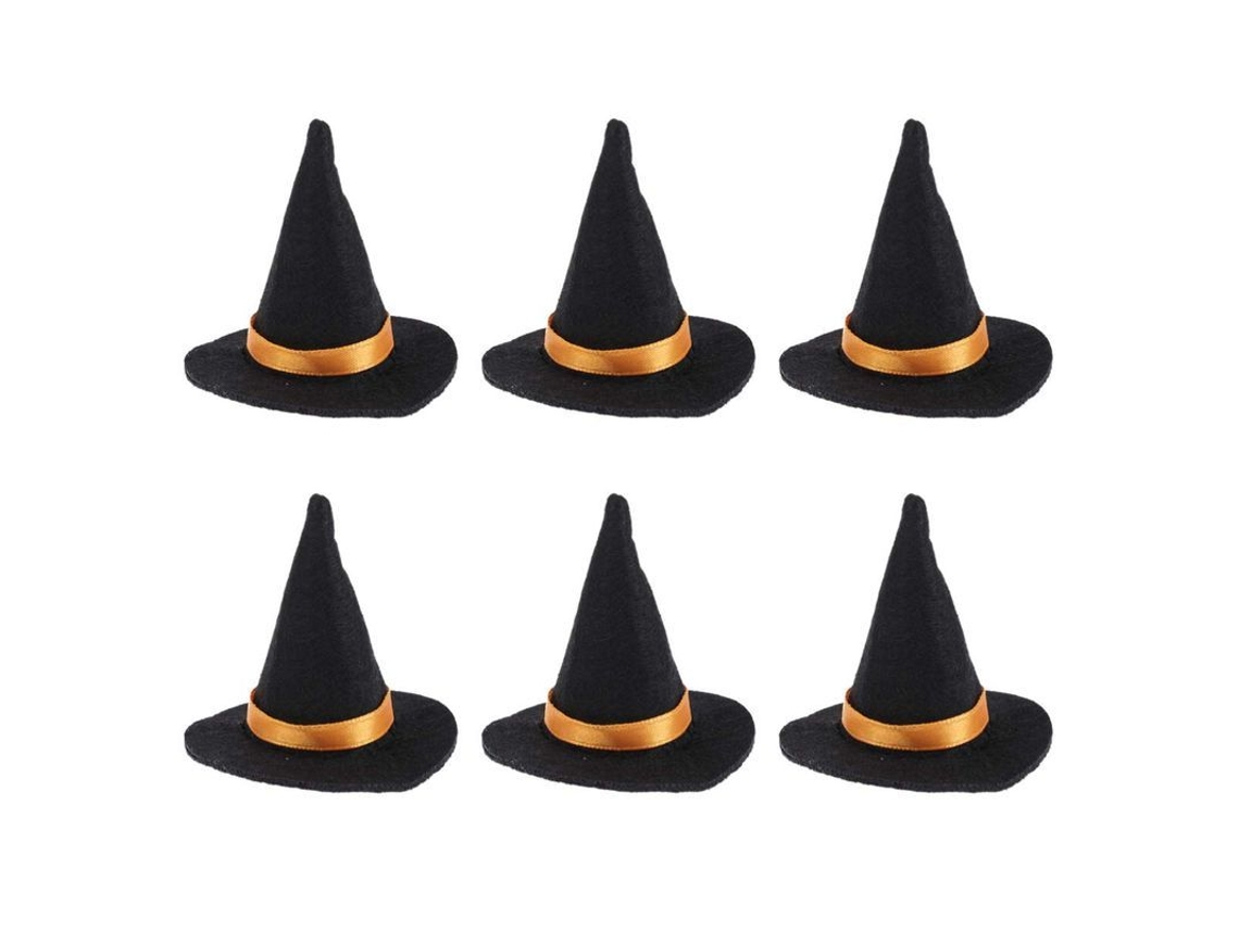 Conjunto de 6 mini chapéus de bruxa de feltro para decorar garrafas de vinho no Halloween e em festas.
