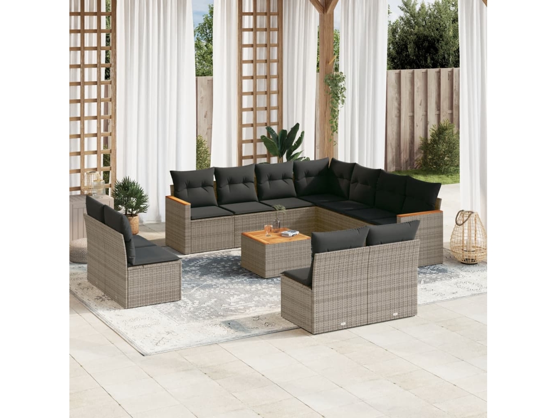 Conjunto de Sofás 12 Peças Jardim C/ Almofadões Vime Pe Cinzento Dkd Home Decor