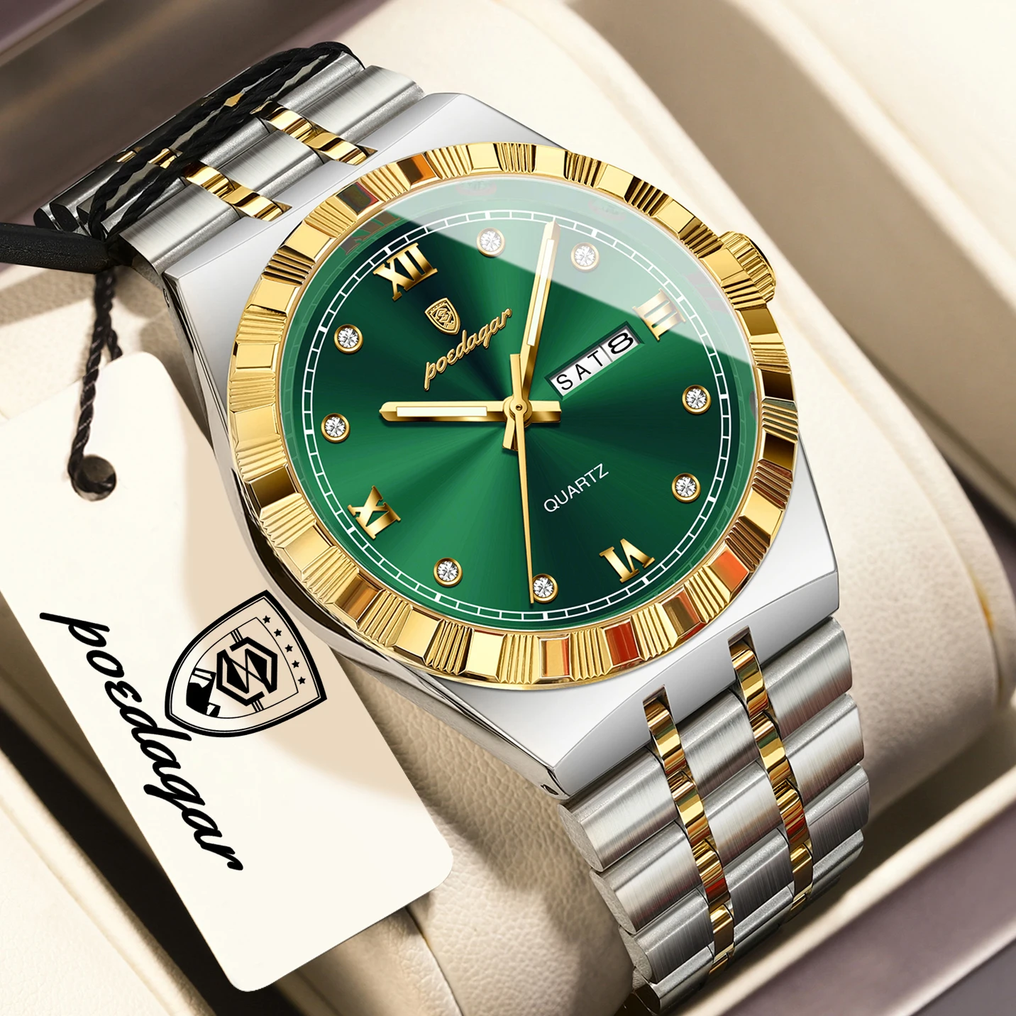 Relógio masculino de negócios (dourado e verde), à prova d'água, luminoso, com dia e data, elegante relógio masculino com pulso.