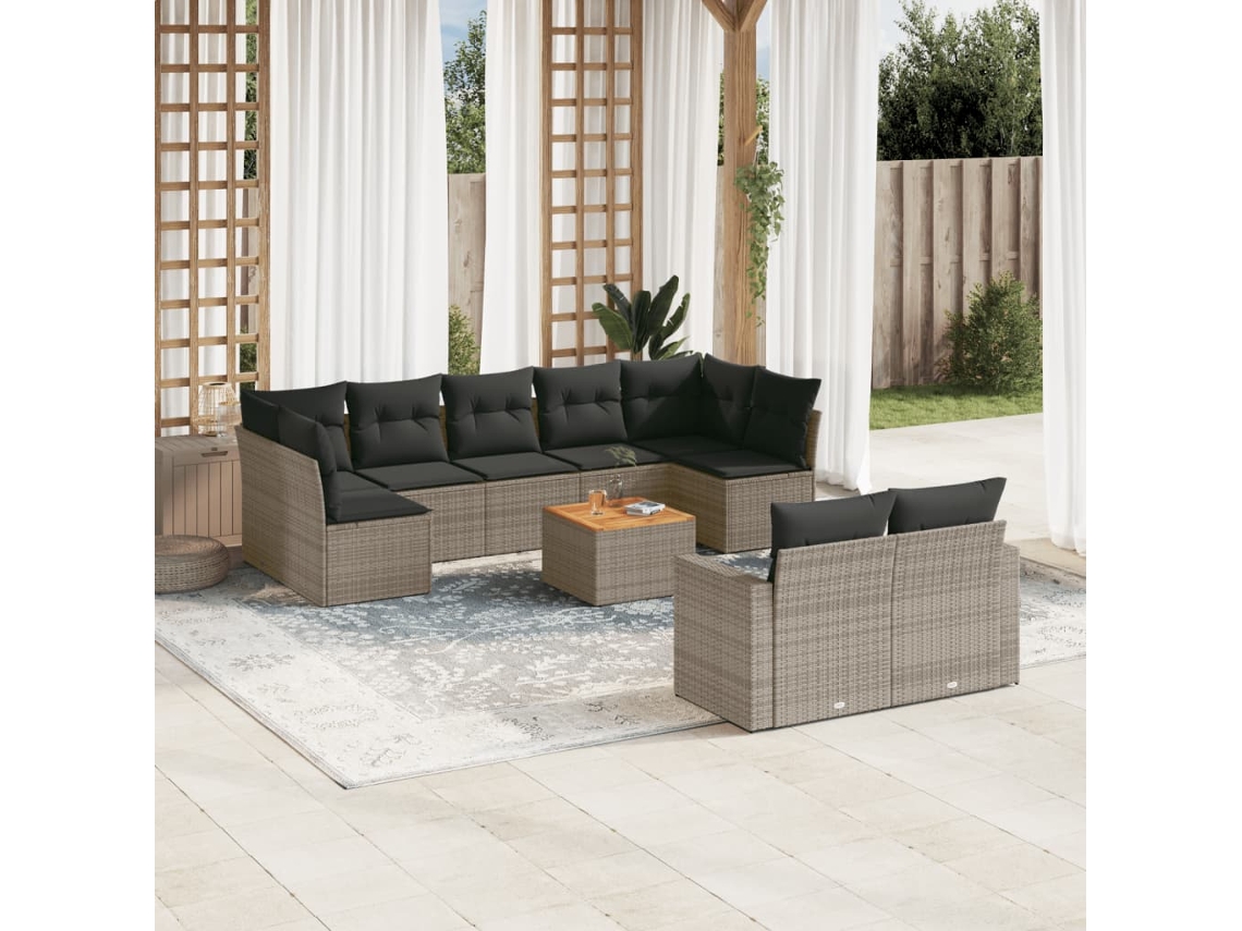 Vidaxl 10 Pcs Conjunto Sofás De Jardim C/ Almofadões Vime Pe Cinzento