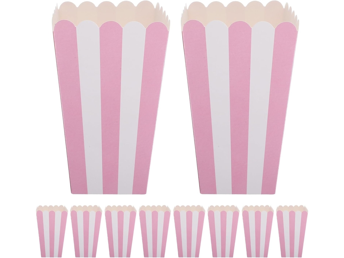 24 Caixinhas De Pipoca Papel Listrado Rosa Com Borda Ondulada, Recipientes Para Lanches E Doces, Ideais Para Festas