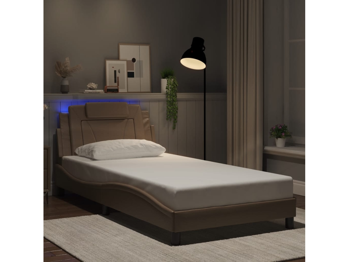 Estrutura Cama C/ Luzes Led 100x200 Cm Couro Artif. Cappuccino