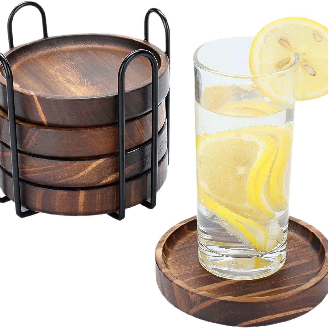 Conjunto de 5 Porta copos AQUAFORGE de madeira com suporte de ferro