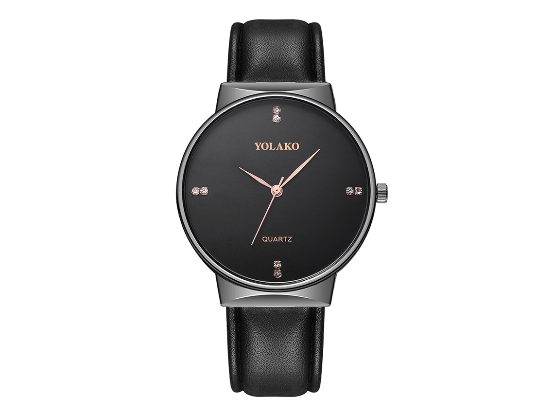 Relógio de pulso unissex Yolako com mecanismo de quartzo, pulseira de PU preta e mostrador preto.