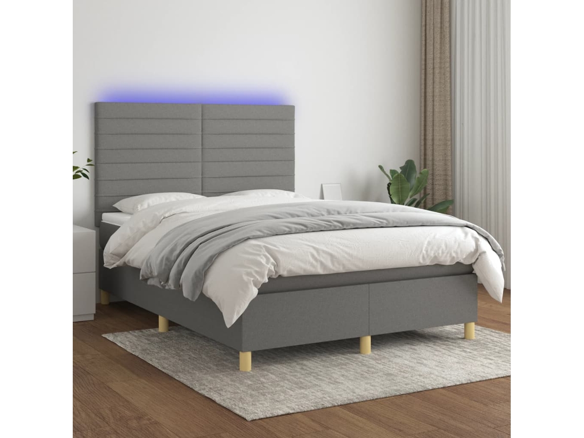 Vidaxl Cama Box Spring C/ Colchão E Led 140x200 Cm Tecido Cinza-escuro